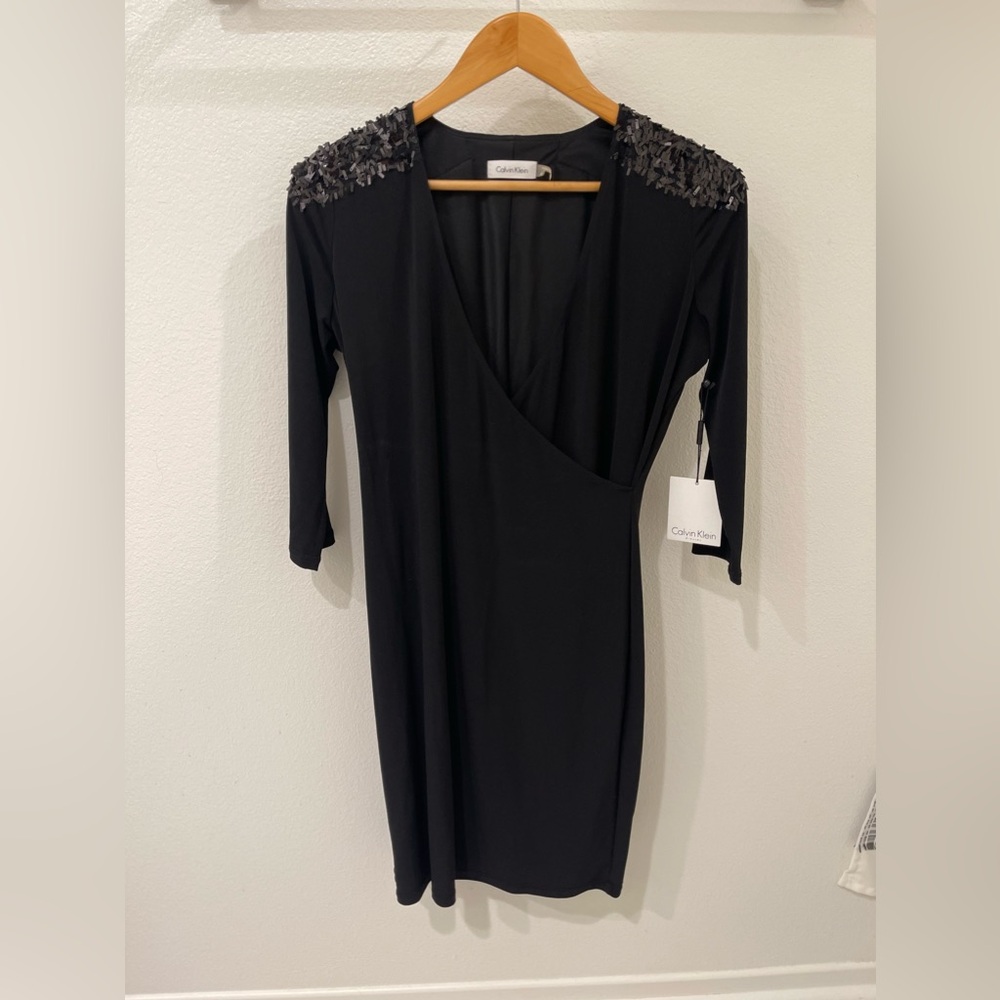 Calvin Klein shoulder sequin black dress 6